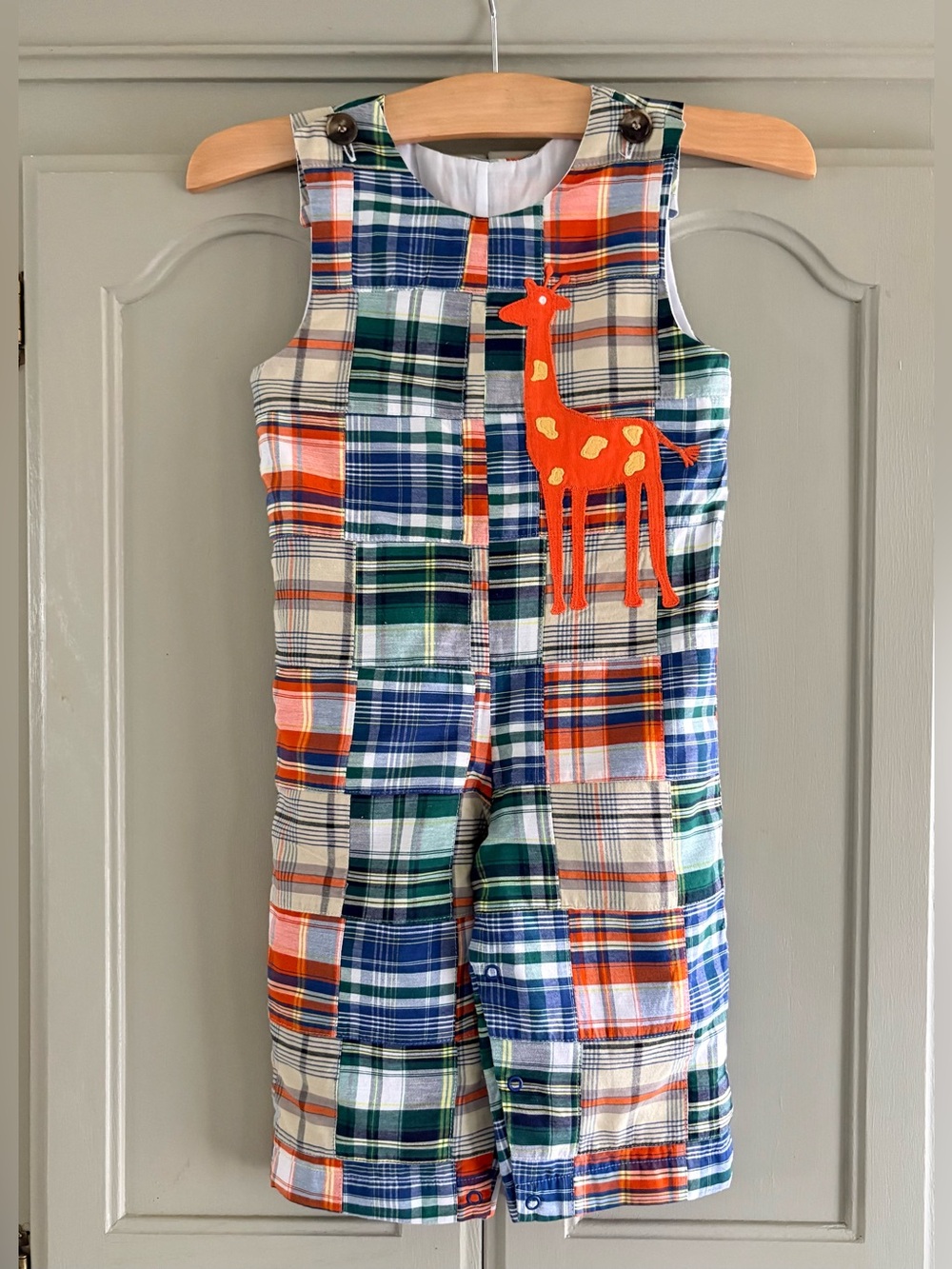 Kelly’s Kids Madras Plaid Patchwork Jon Jon Jumper w/Giraffe Appliqué | Size 2T